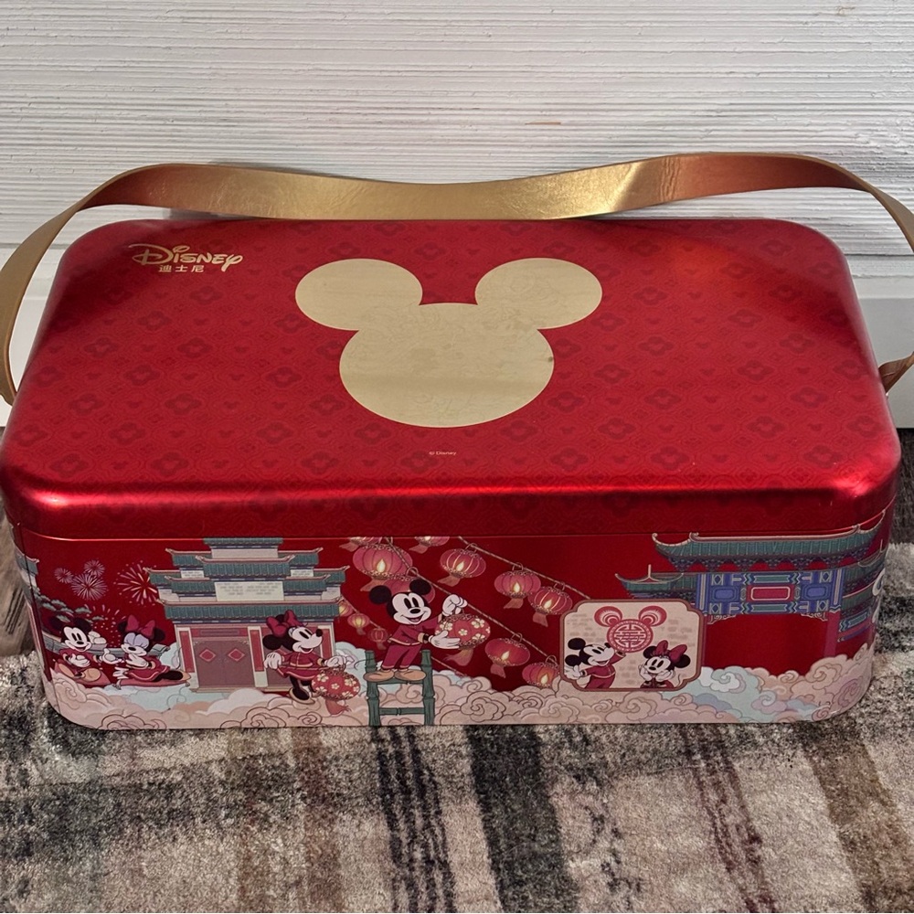 Disney Red and Gold Mickey Mouse metal Tin Box with strap Lunar New Year
